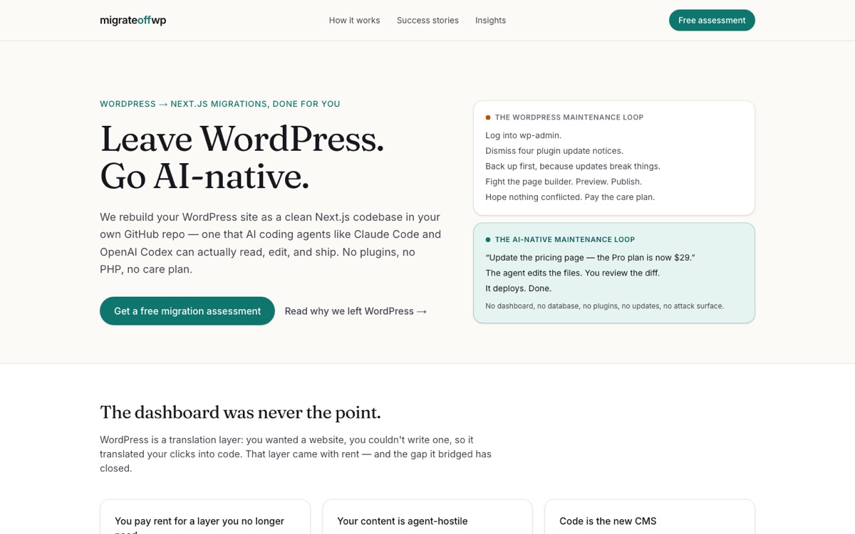 Screenshot of migrateoffwp.com homepage